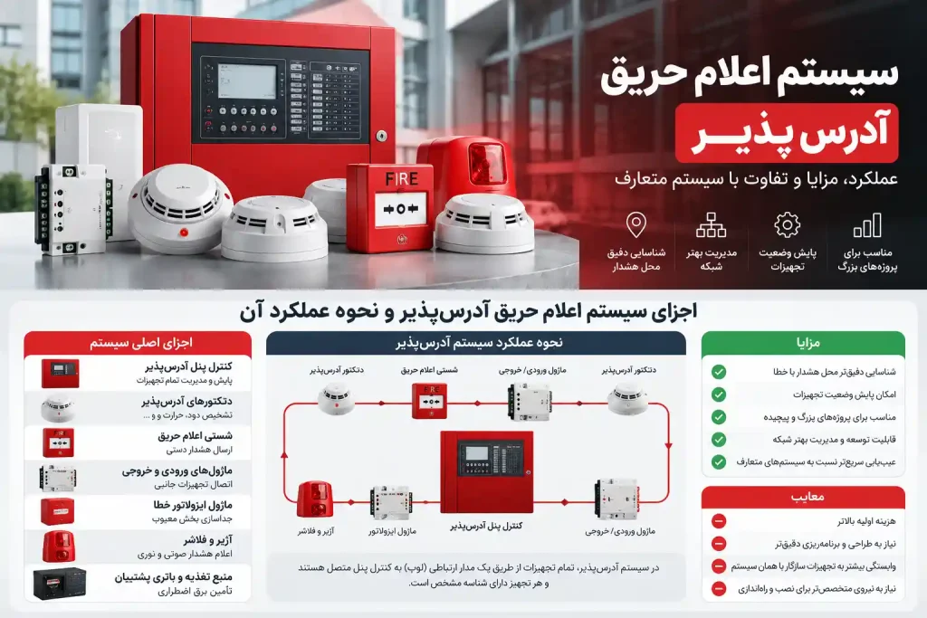 سیستم اعلام حریق آدرس پذیر شامل کنترل پنل، دتکتور و شستی